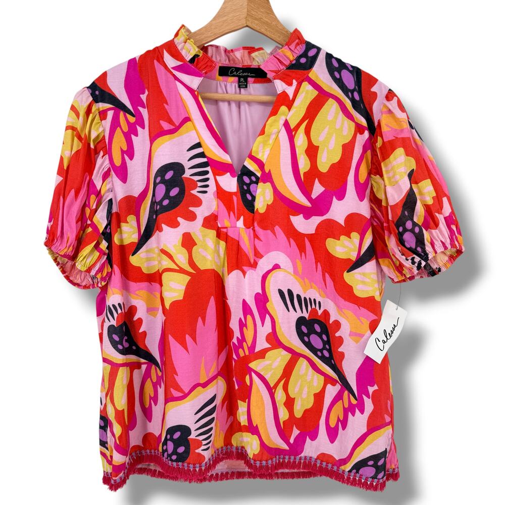 Calessa Pink Floral Abstract ruffle Collar Blouse Womens Sz Large Rayon Fringe